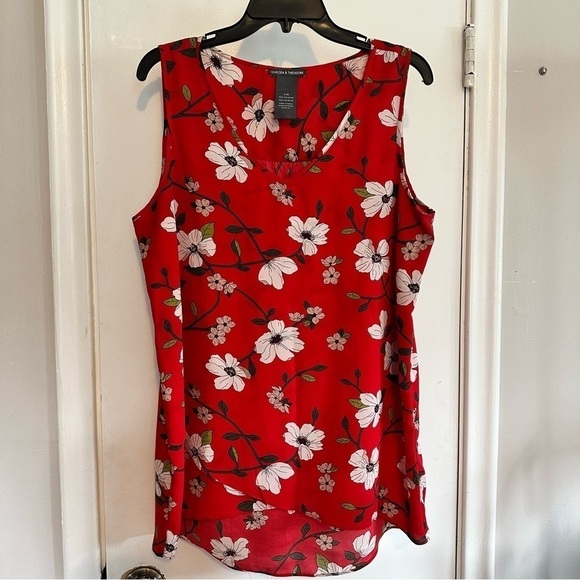 3x25* Chelsea & Theodore Women's Sleeveless Red White Floral Print Hi-Low Hem - Picture 14 of 15